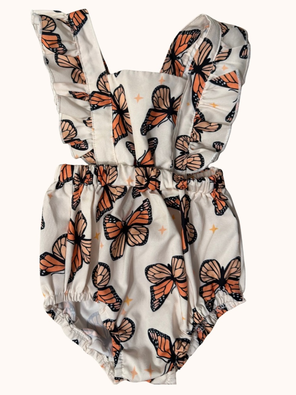Cream & Orange Butterfly Ruffle-Strap Baby Romper